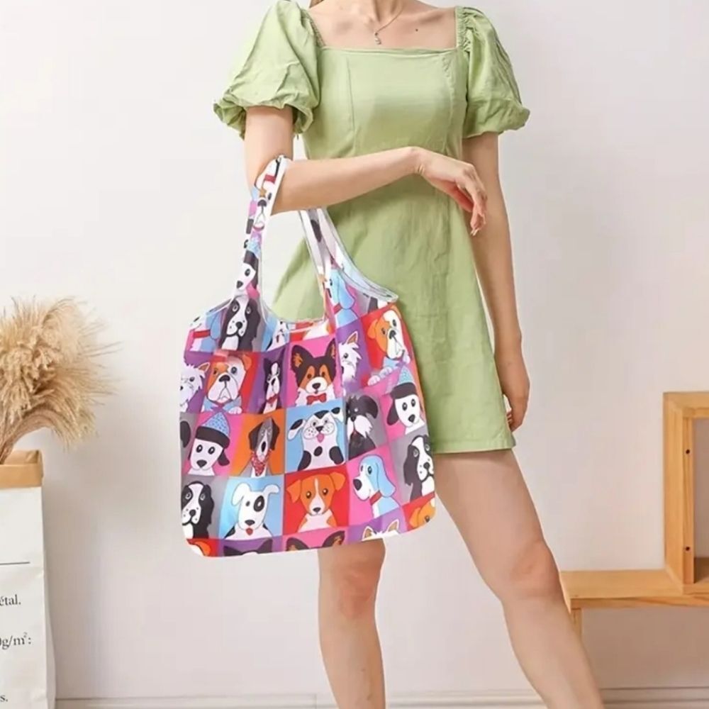 Cartoon dog foldable tote bag collapsible storage shopping bag